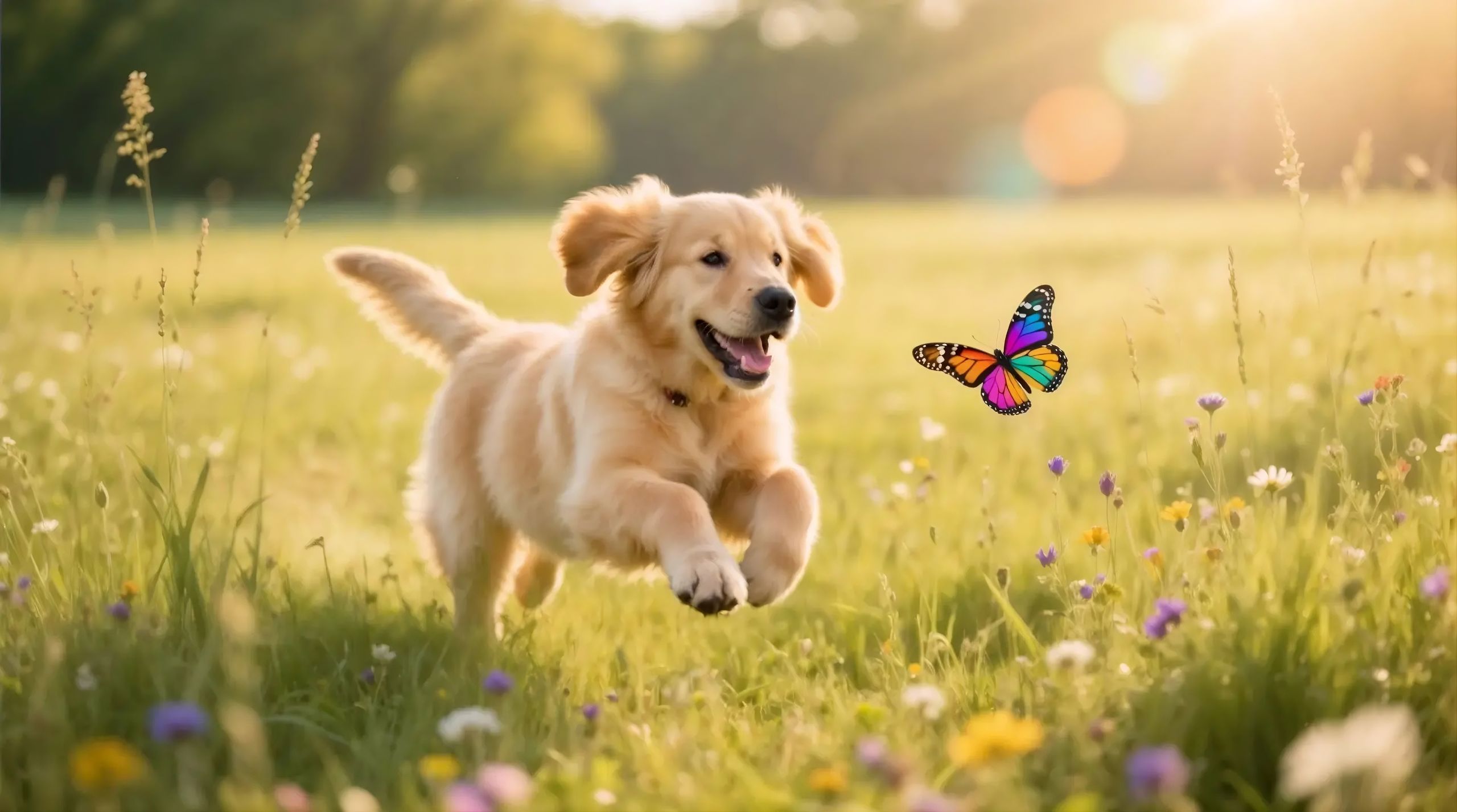Happy golden retriever running joyfully through a sunny meadow